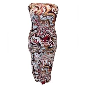 Womens Tube Top Dress Medium Brown New Stretch Bodycon Gathered Sea Print